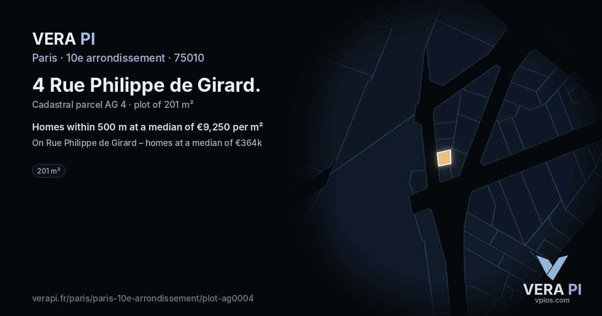 4 Rue Philippe de Girard, 10e arrondissement at night – the plot lit, the parcels around coloured by the prices near them