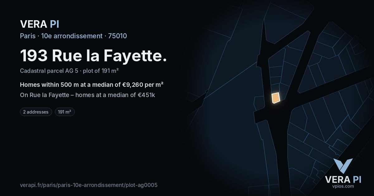 193 Rue la Fayette, 10e arrondissement at night – the plot lit, the parcels around coloured by the prices near them