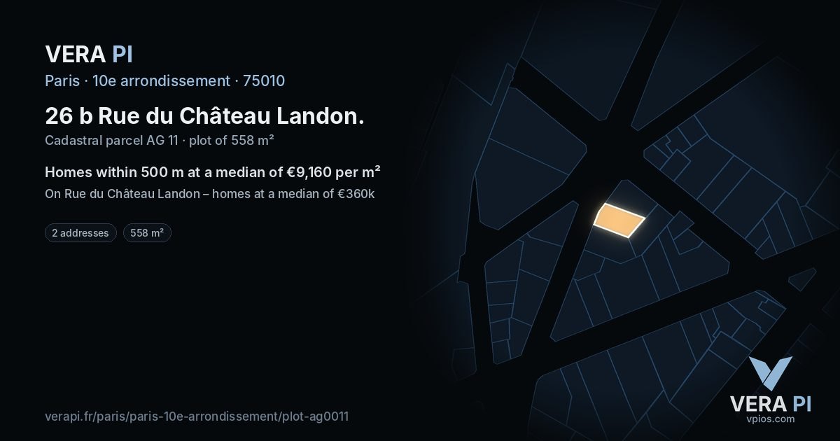 26 b Rue du Château Landon, 10e arrondissement at night – the plot lit, the parcels around coloured by the prices near them
