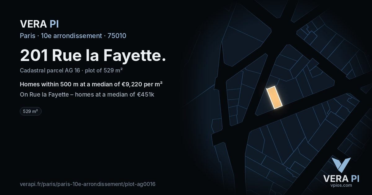 201 Rue la Fayette, 10e arrondissement at night – the plot lit, the parcels around coloured by the prices near them