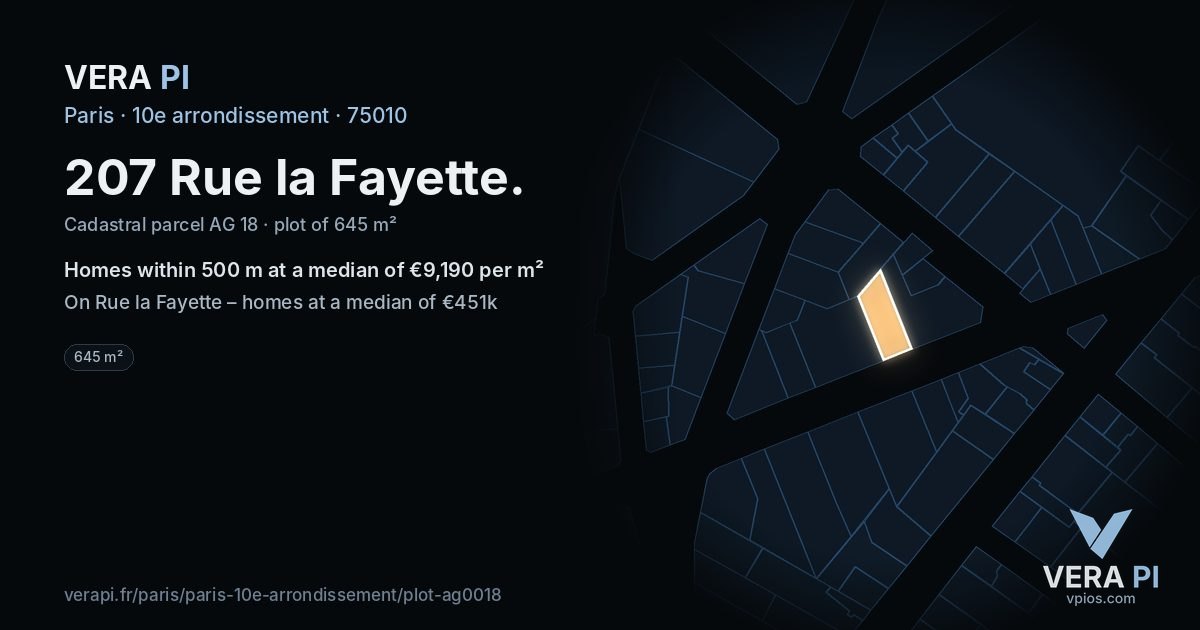 207 Rue la Fayette, 10e arrondissement at night – the plot lit, the parcels around coloured by the prices near them