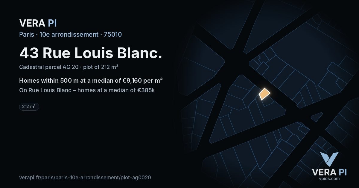 43 Rue Louis Blanc, 10e arrondissement at night – the plot lit, the parcels around coloured by the prices near them