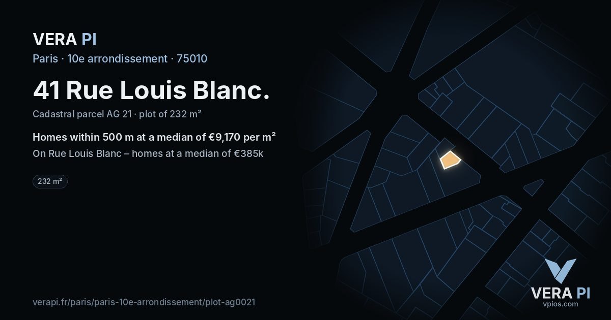 41 Rue Louis Blanc, 10e arrondissement at night – the plot lit, the parcels around coloured by the prices near them