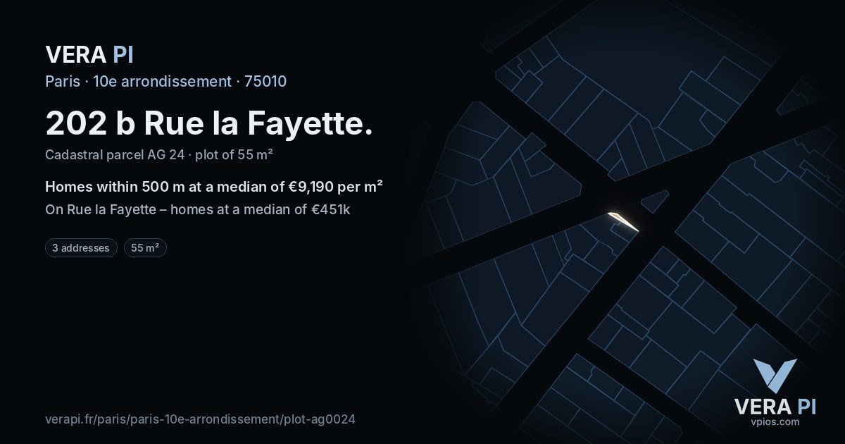 202 b Rue la Fayette, 10e arrondissement at night – the plot lit, the parcels around coloured by the prices near them
