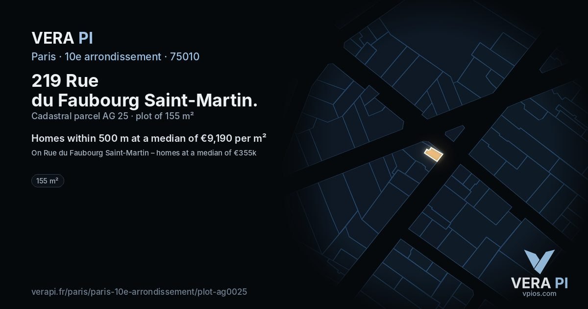 219 Rue du Faubourg Saint-Martin, 10e arrondissement at night – the plot lit, the parcels around coloured by the prices near them
