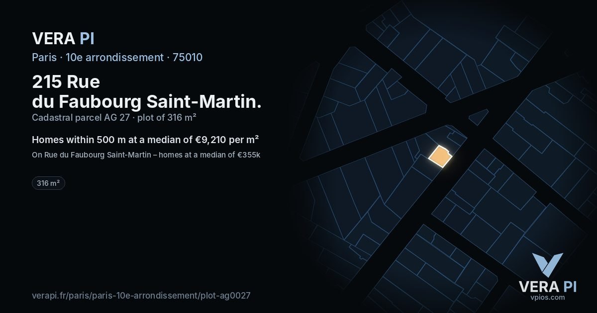 215 Rue du Faubourg Saint-Martin, 10e arrondissement at night – the plot lit, the parcels around coloured by the prices near them