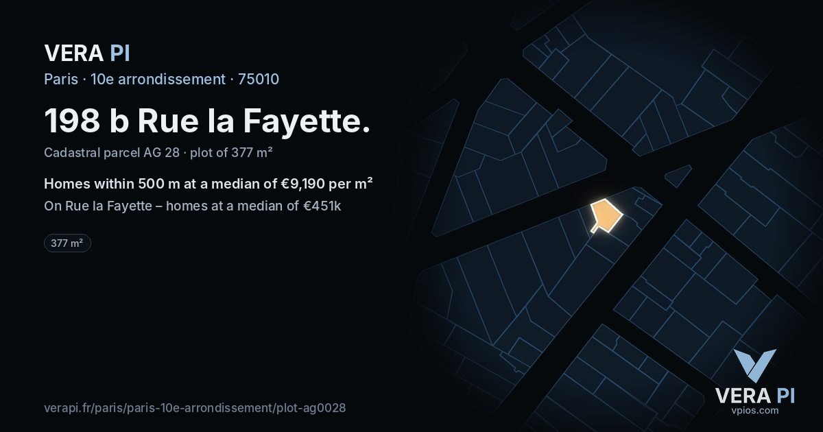 198 b Rue la Fayette, 10e arrondissement at night – the plot lit, the parcels around coloured by the prices near them
