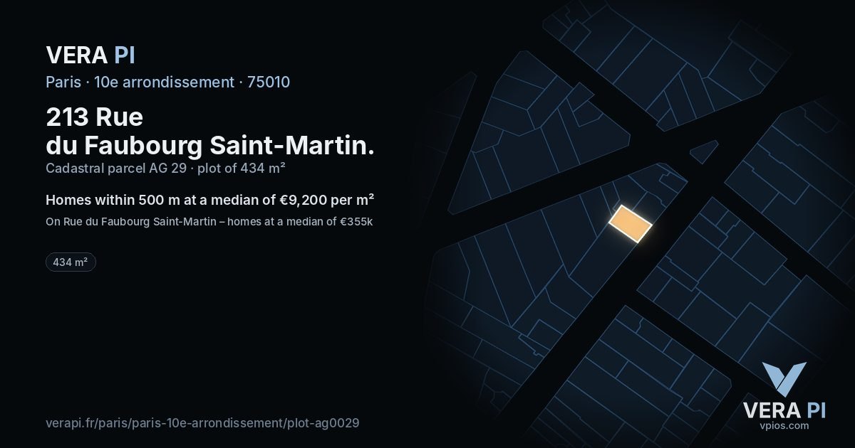 213 Rue du Faubourg Saint-Martin, 10e arrondissement at night – the plot lit, the parcels around coloured by the prices near them
