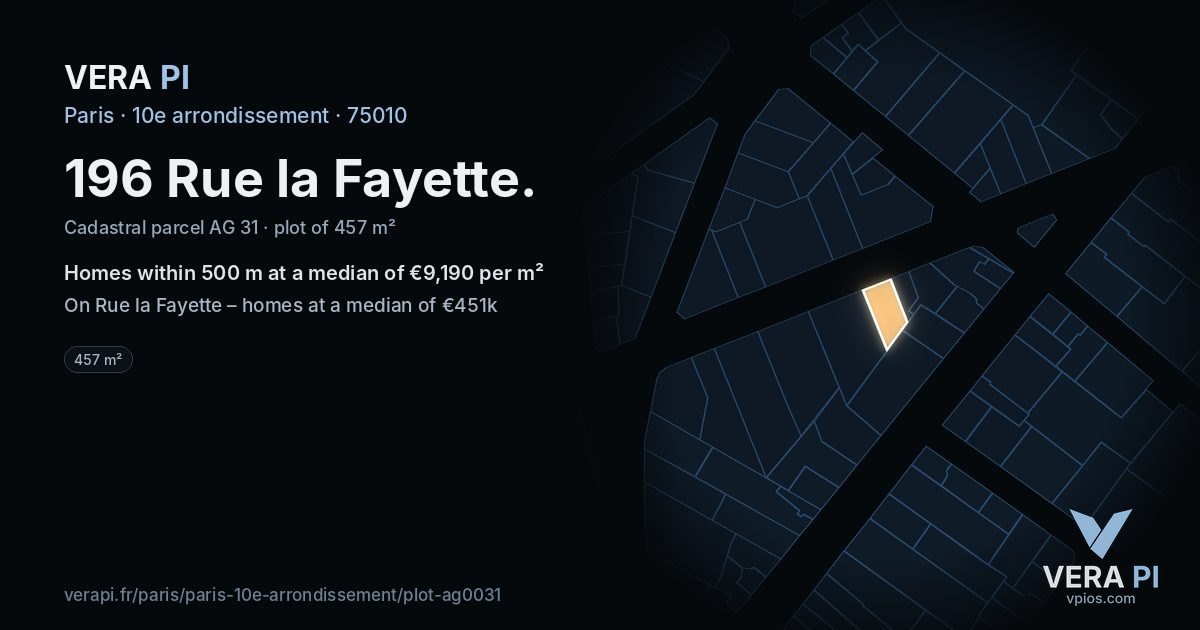 196 Rue la Fayette, 10e arrondissement at night – the plot lit, the parcels around coloured by the prices near them