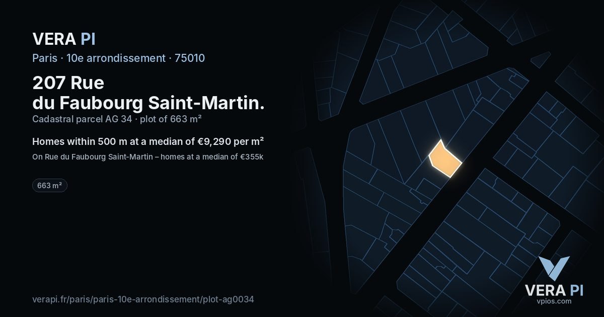 207 Rue du Faubourg Saint-Martin, 10e arrondissement at night – the plot lit, the parcels around coloured by the prices near them