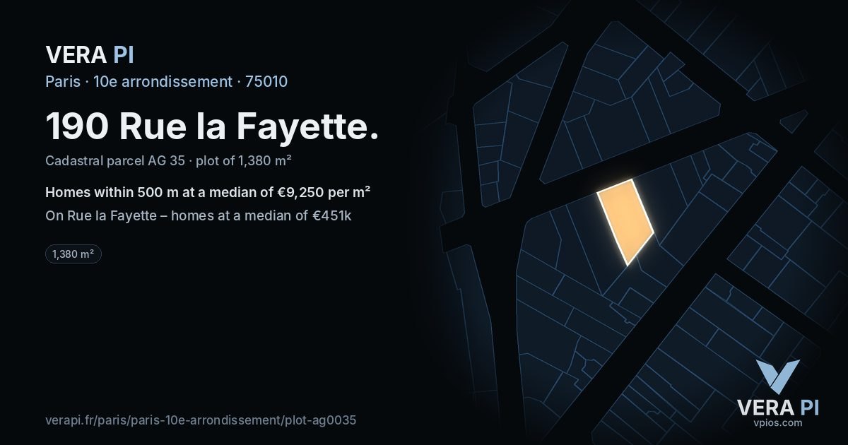 190 Rue la Fayette, 10e arrondissement at night – the plot lit, the parcels around coloured by the prices near them