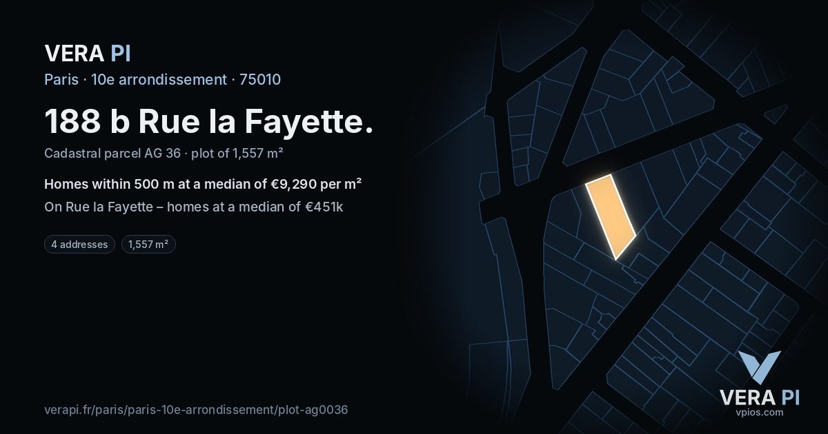 188 b Rue la Fayette, 10e arrondissement at night – the plot lit, the parcels around coloured by the prices near them