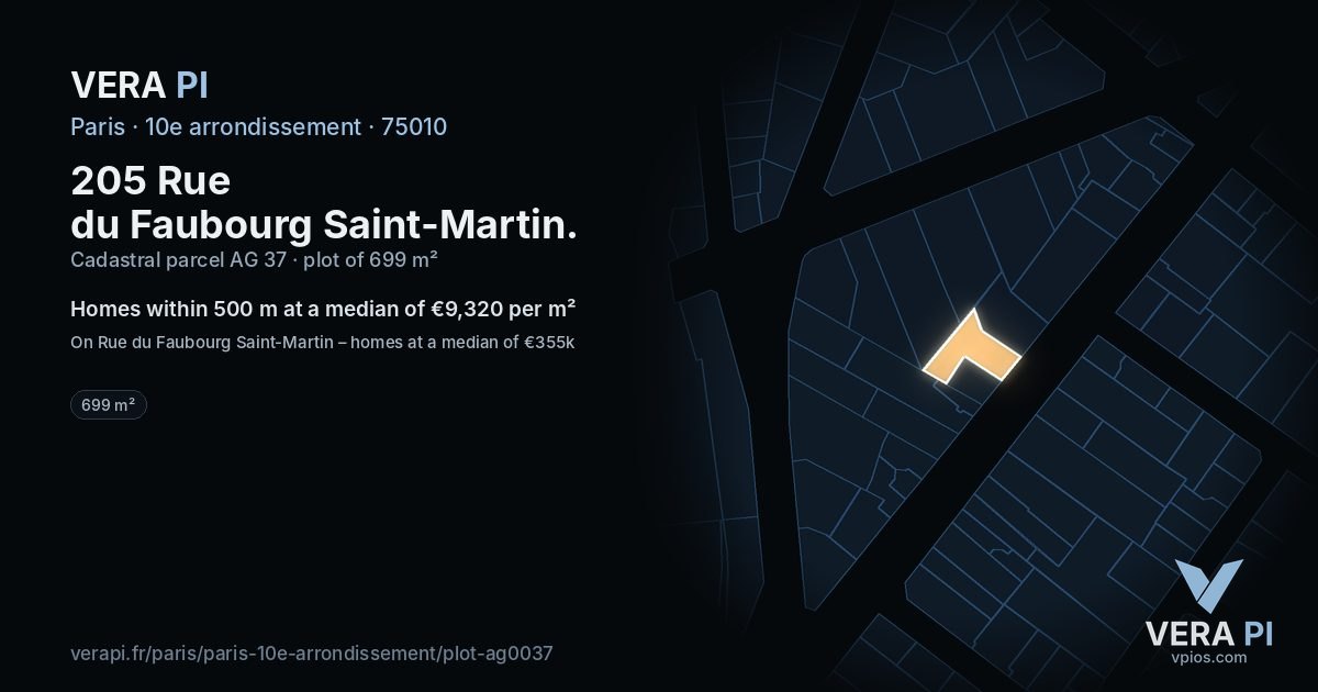 205 Rue du Faubourg Saint-Martin, 10e arrondissement at night – the plot lit, the parcels around coloured by the prices near them