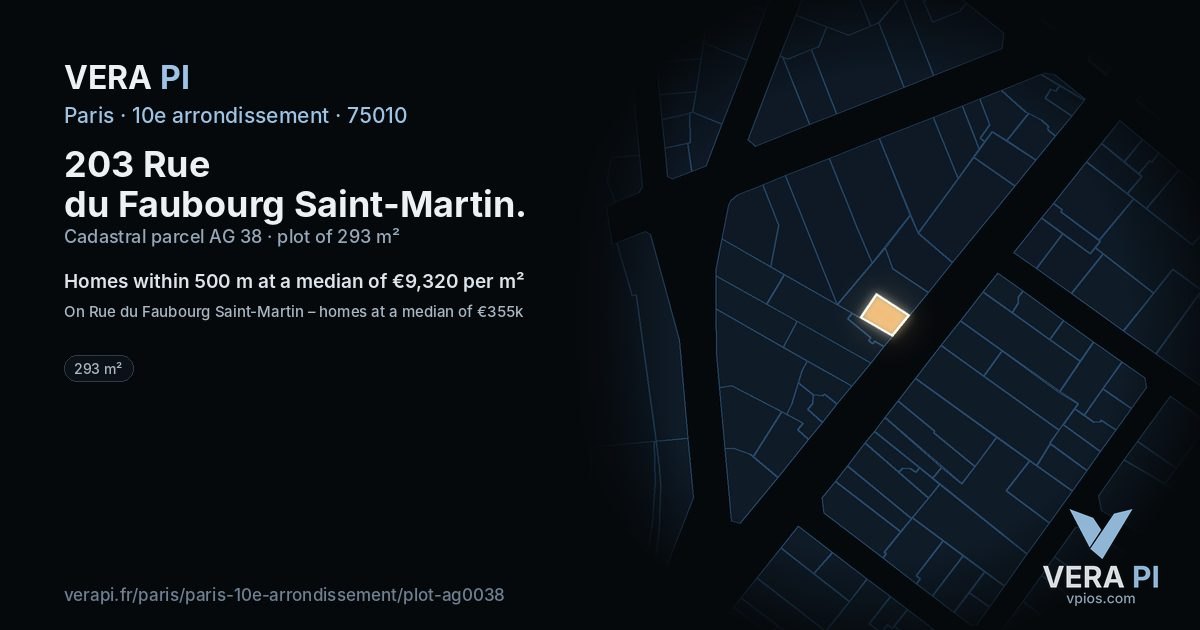 203 Rue du Faubourg Saint-Martin, 10e arrondissement at night – the plot lit, the parcels around coloured by the prices near them