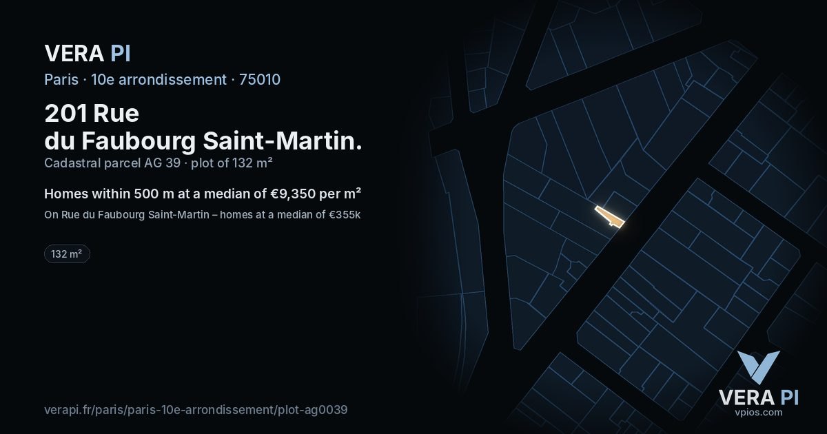 201 Rue du Faubourg Saint-Martin, 10e arrondissement at night – the plot lit, the parcels around coloured by the prices near them