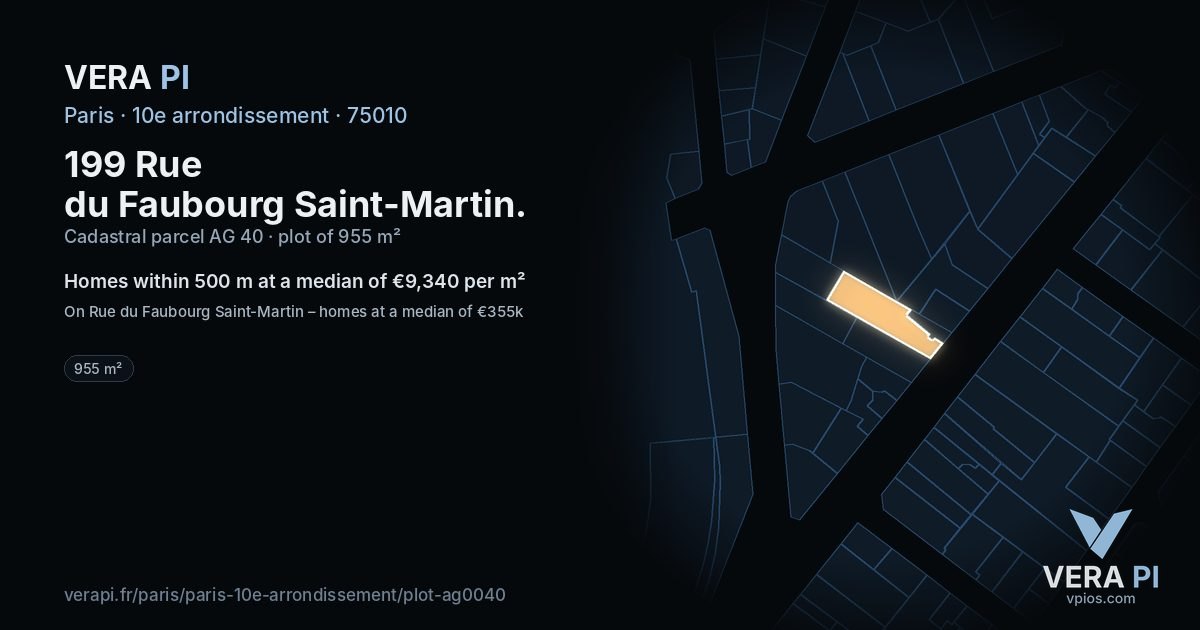 199 Rue du Faubourg Saint-Martin, 10e arrondissement at night – the plot lit, the parcels around coloured by the prices near them