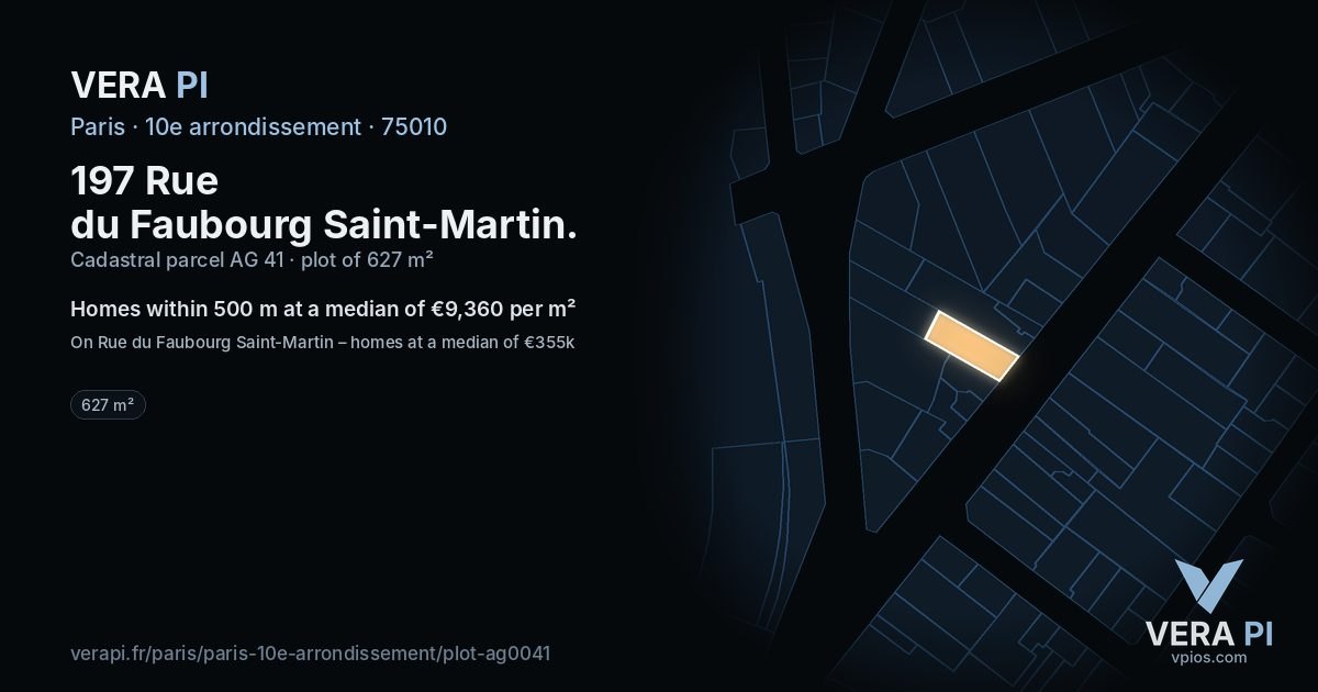 197 Rue du Faubourg Saint-Martin, 10e arrondissement at night – the plot lit, the parcels around coloured by the prices near them