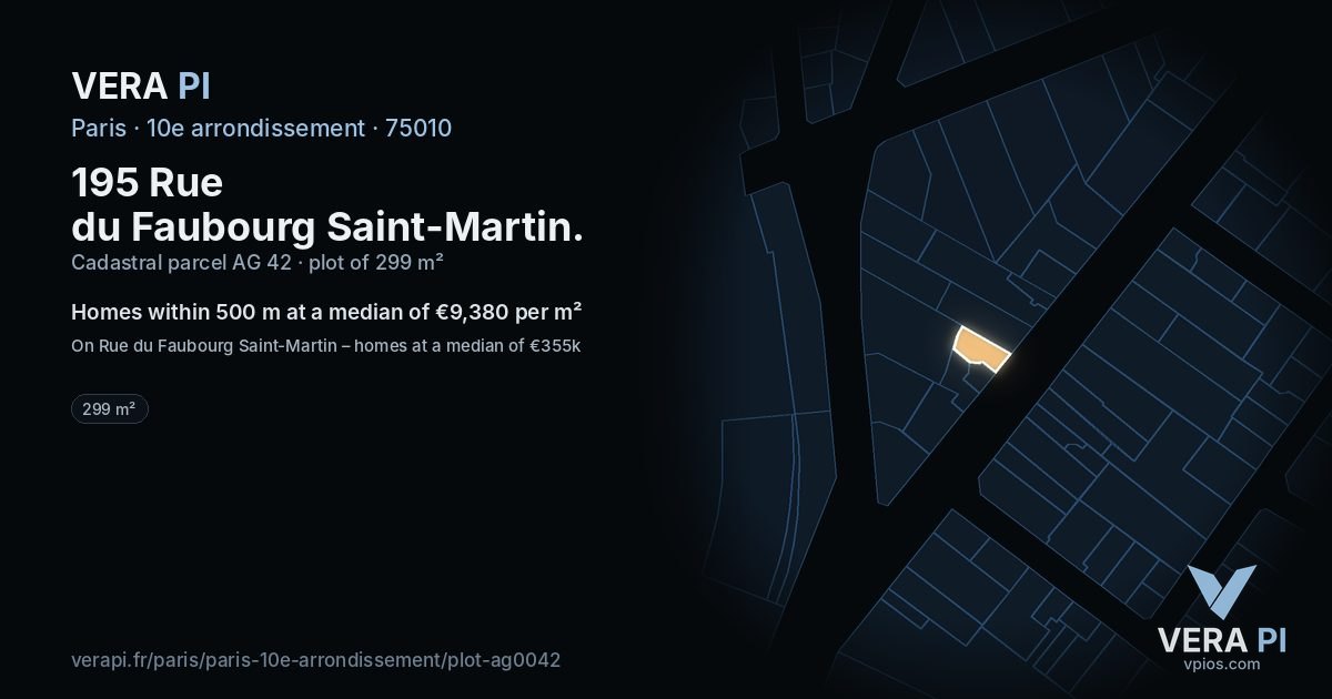 195 Rue du Faubourg Saint-Martin, 10e arrondissement at night – the plot lit, the parcels around coloured by the prices near them