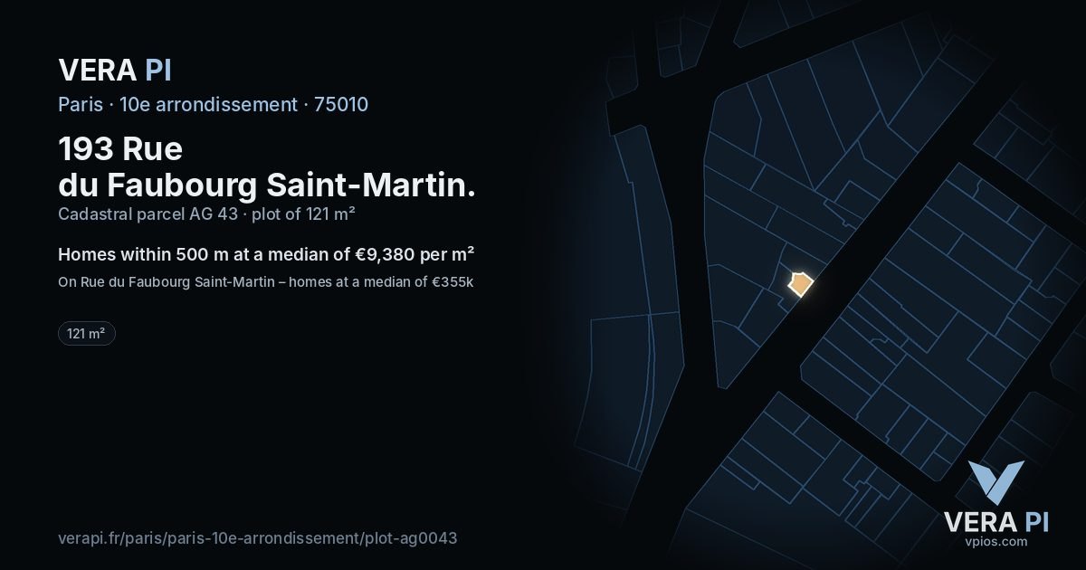 193 Rue du Faubourg Saint-Martin, 10e arrondissement at night – the plot lit, the parcels around coloured by the prices near them