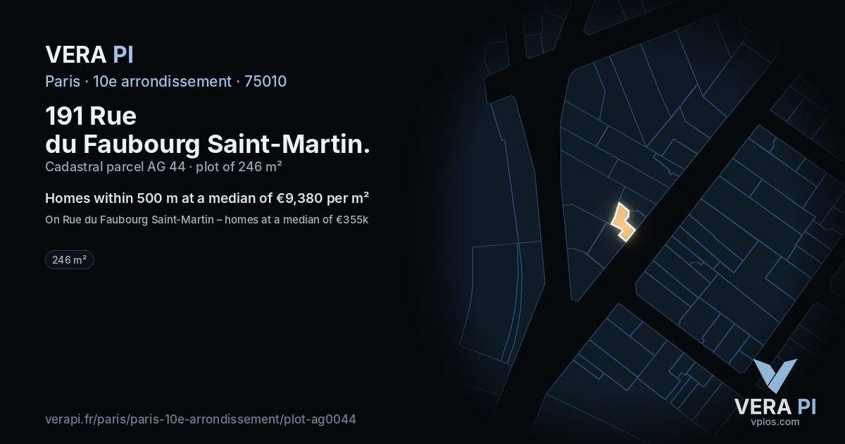 191 Rue du Faubourg Saint-Martin, 10e arrondissement at night – the plot lit, the parcels around coloured by the prices near them