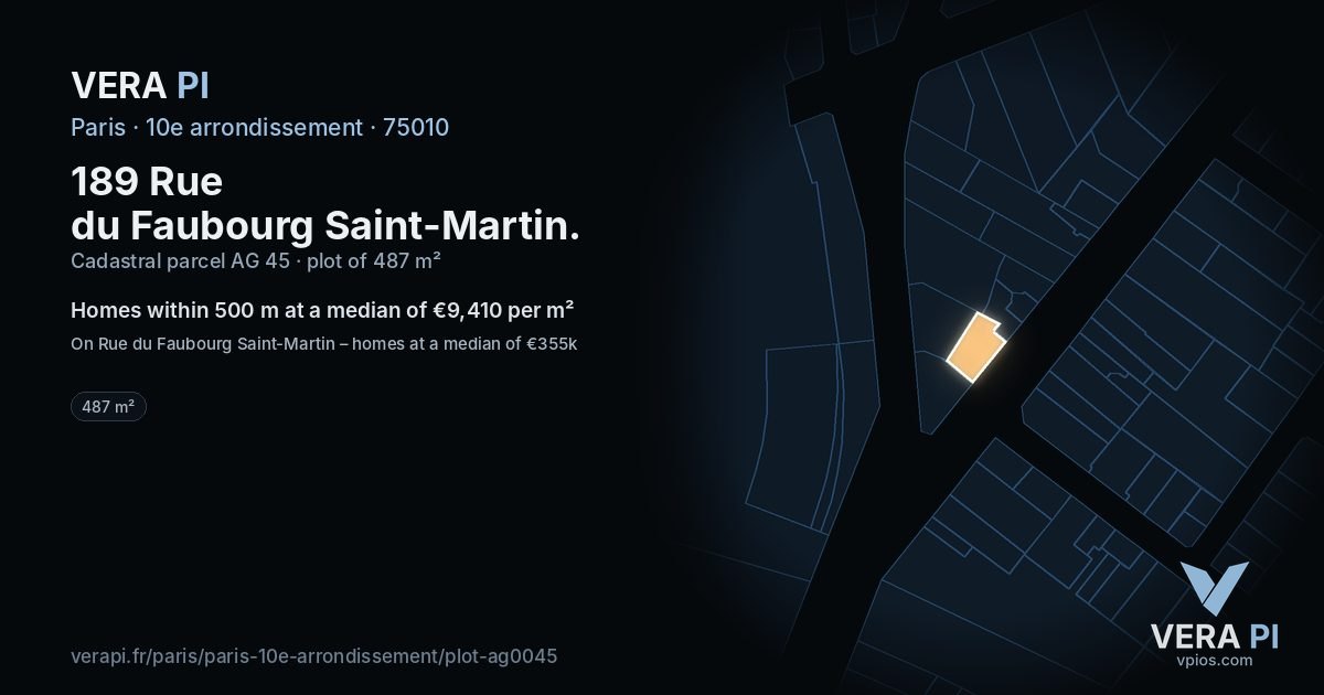 189 Rue du Faubourg Saint-Martin, 10e arrondissement at night – the plot lit, the parcels around coloured by the prices near them