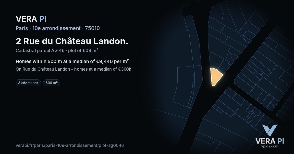 2 Rue du Château Landon, 10e arrondissement at night – the plot lit, the parcels around coloured by the prices near them