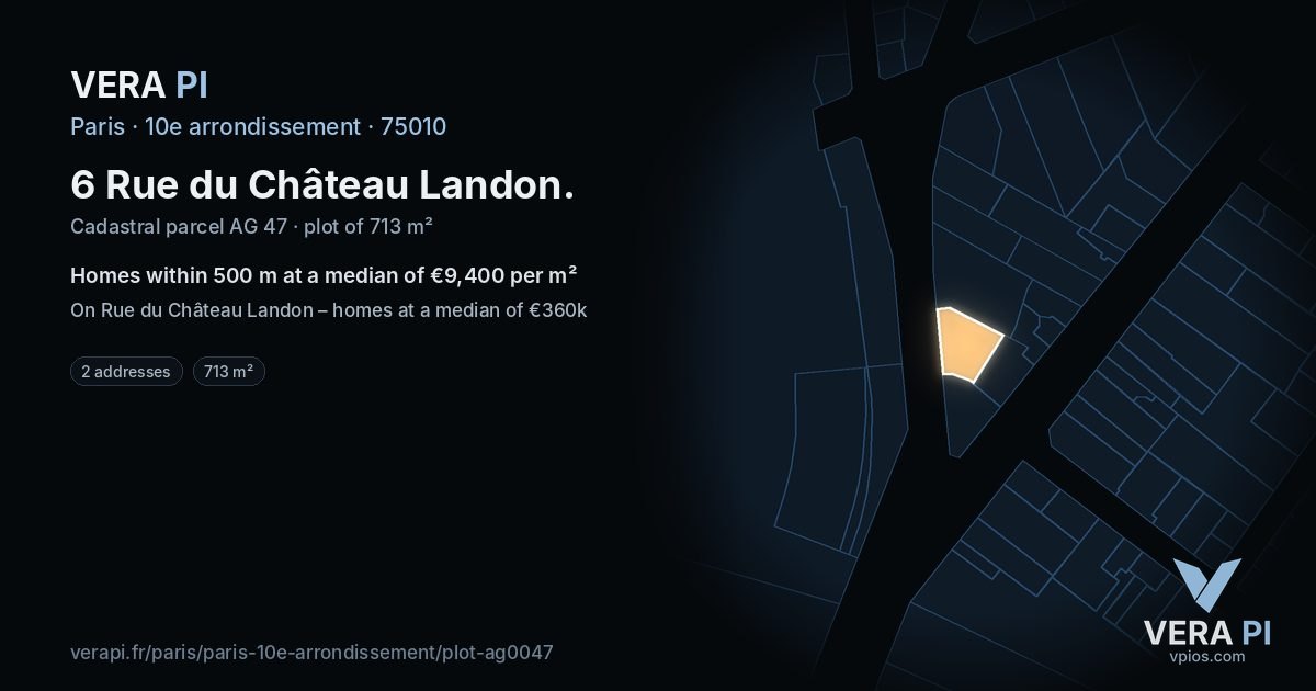 6 Rue du Château Landon, 10e arrondissement at night – the plot lit, the parcels around coloured by the prices near them