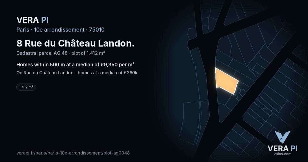 8 Rue du Château Landon, 10e arrondissement at night – the plot lit, the parcels around coloured by the prices near them