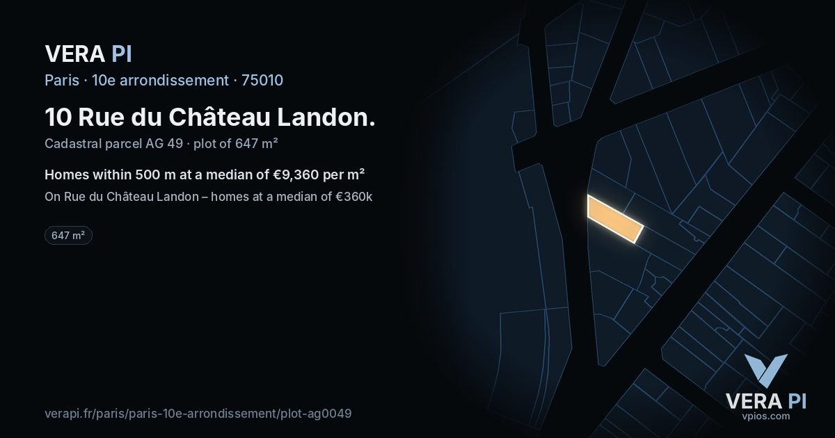 10 Rue du Château Landon, 10e arrondissement at night – the plot lit, the parcels around coloured by the prices near them