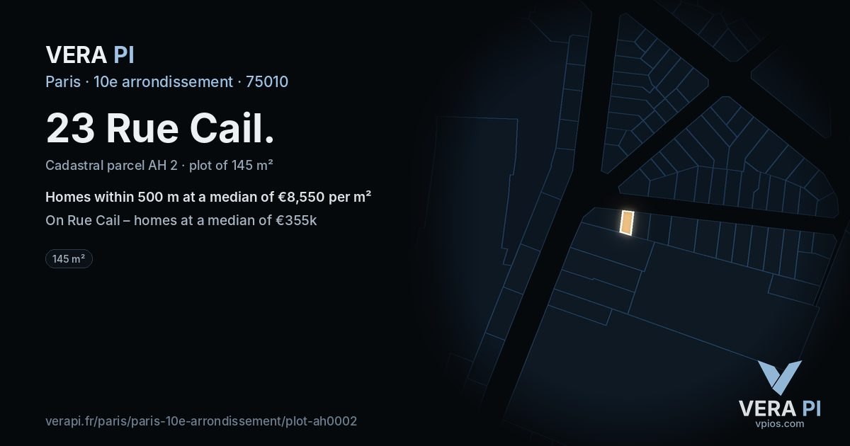 23 Rue Cail, 10e arrondissement at night – the plot lit, the parcels around coloured by the prices near them