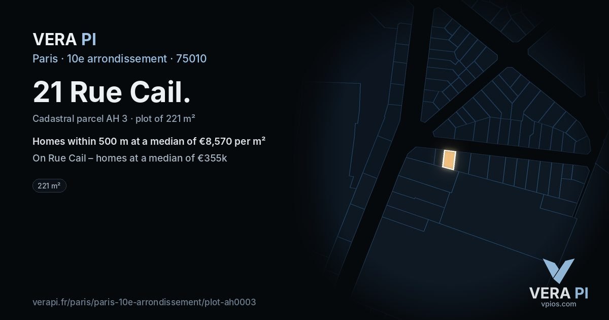 21 Rue Cail, 10e arrondissement at night – the plot lit, the parcels around coloured by the prices near them