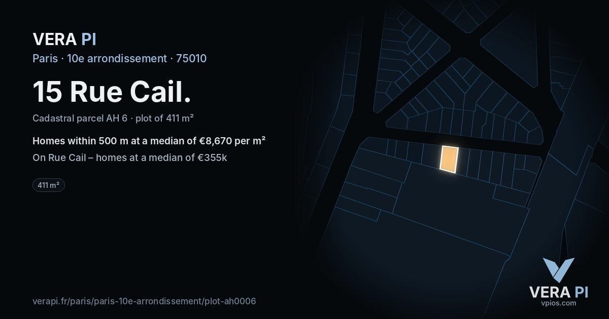 15 Rue Cail, 10e arrondissement at night – the plot lit, the parcels around coloured by the prices near them