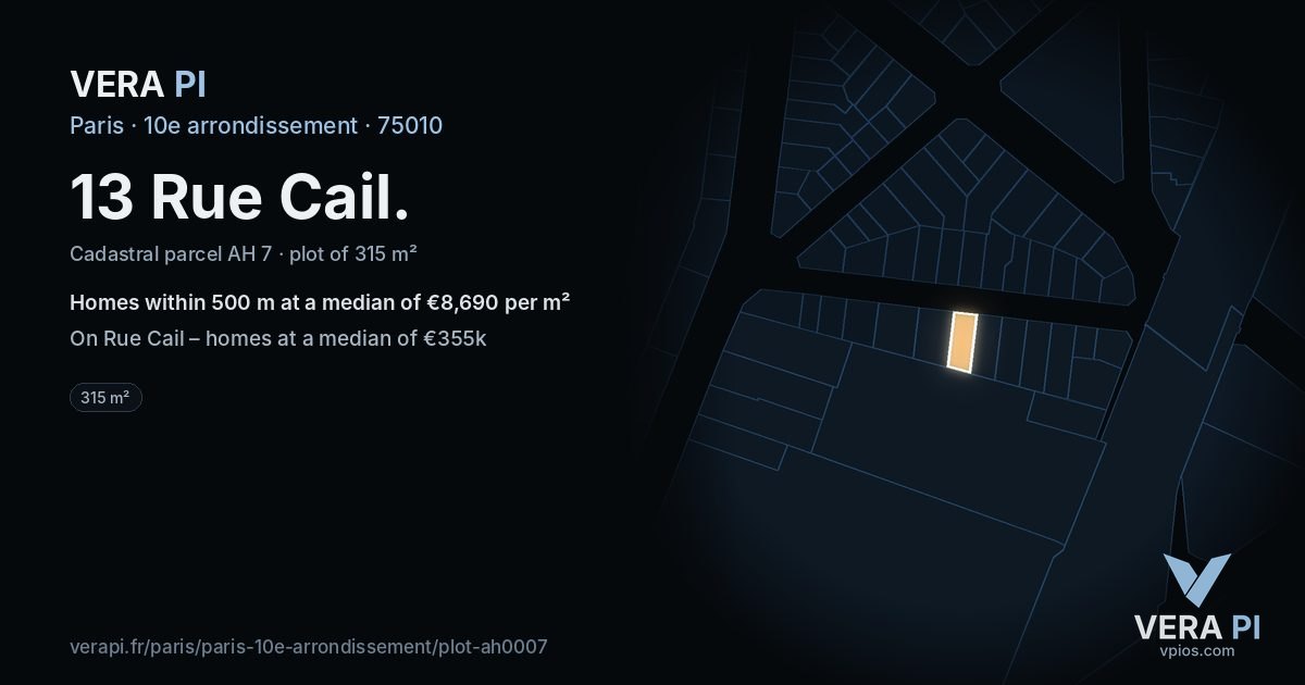 13 Rue Cail, 10e arrondissement at night – the plot lit, the parcels around coloured by the prices near them