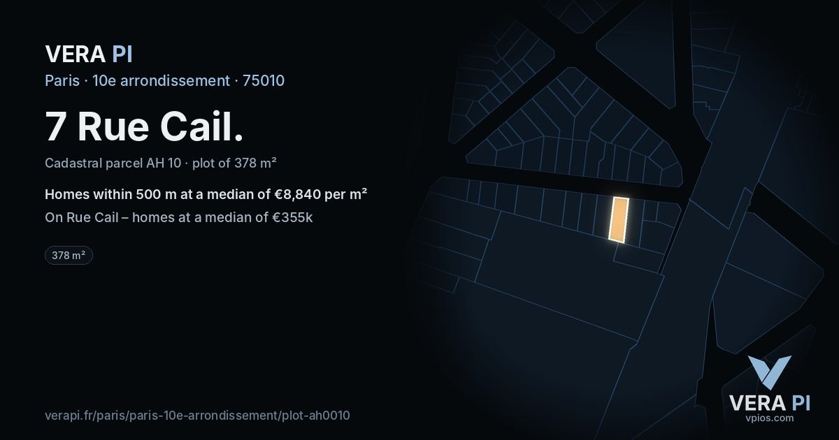 7 Rue Cail, 10e arrondissement at night – the plot lit, the parcels around coloured by the prices near them