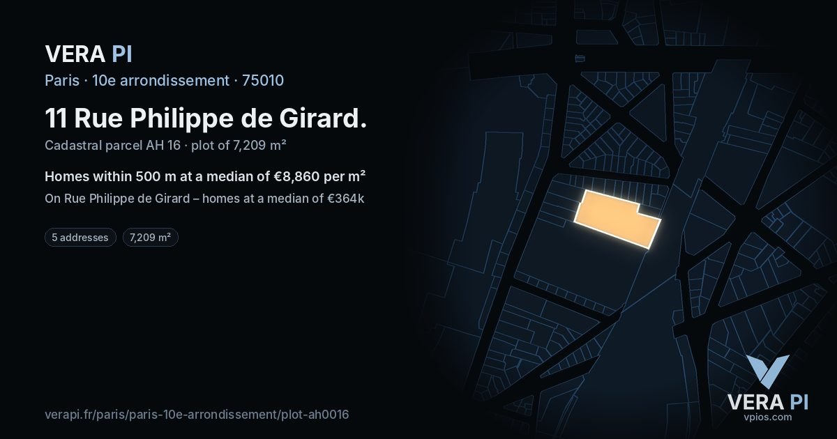 11 Rue Philippe de Girard, 10e arrondissement at night – the plot lit, the parcels around coloured by the prices near them