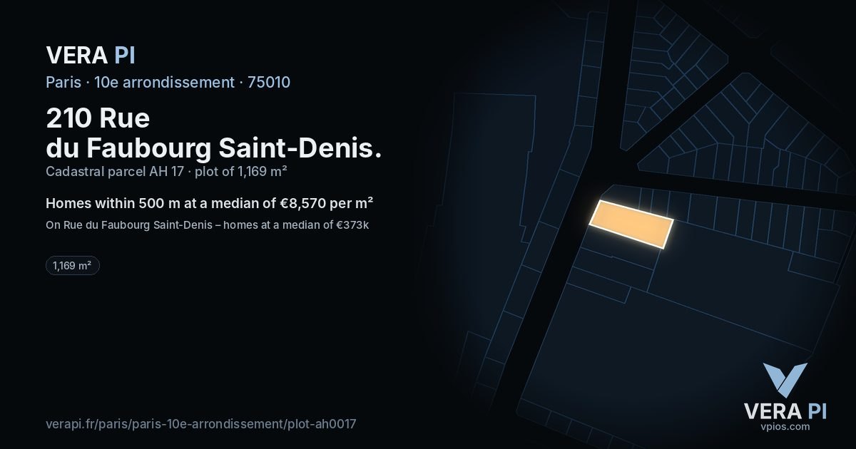 210 Rue du Faubourg Saint-Denis, 10e arrondissement at night – the plot lit, the parcels around coloured by the prices near them