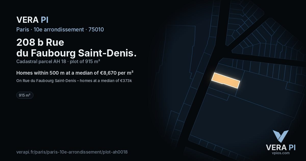 208 b Rue du Faubourg Saint-Denis, 10e arrondissement at night – the plot lit, the parcels around coloured by the prices near them