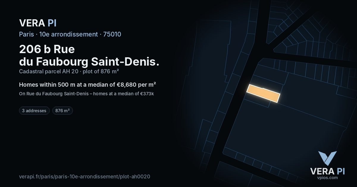 206 b Rue du Faubourg Saint-Denis, 10e arrondissement at night – the plot lit, the parcels around coloured by the prices near them