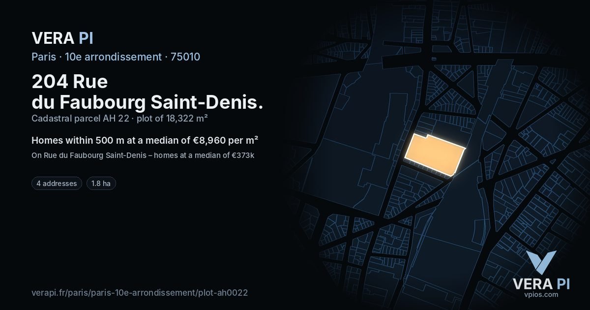 204 Rue du Faubourg Saint-Denis, 10e arrondissement at night – the plot lit, the parcels around coloured by the prices near them