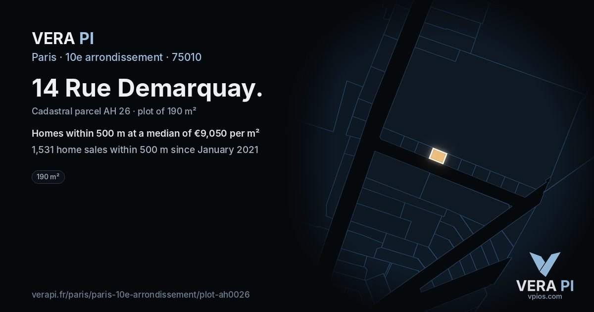 14 Rue Demarquay, 10e arrondissement at night – the plot lit, the parcels around coloured by the prices near them
