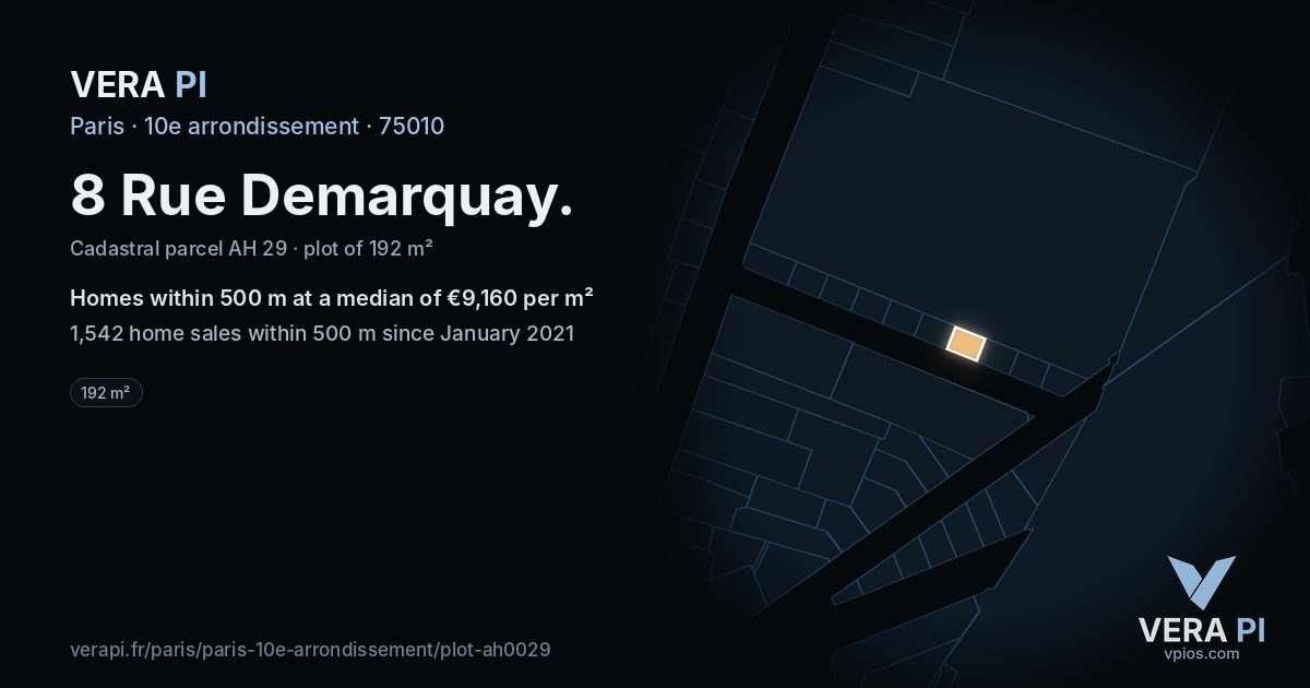 8 Rue Demarquay, 10e arrondissement at night – the plot lit, the parcels around coloured by the prices near them