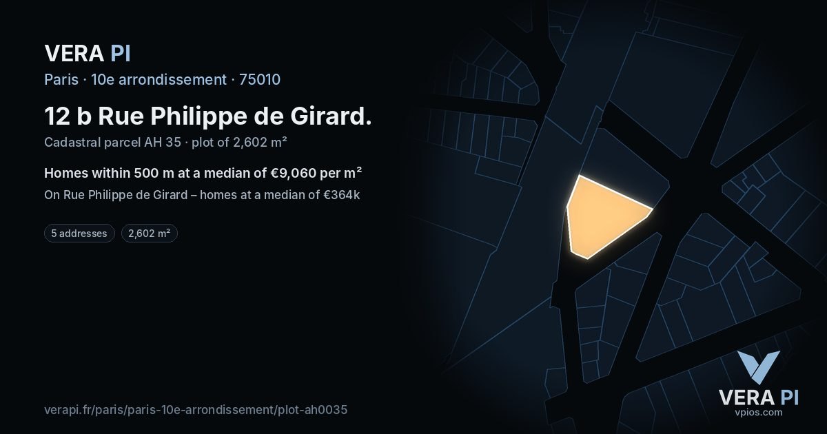 12 b Rue Philippe de Girard, 10e arrondissement at night – the plot lit, the parcels around coloured by the prices near them