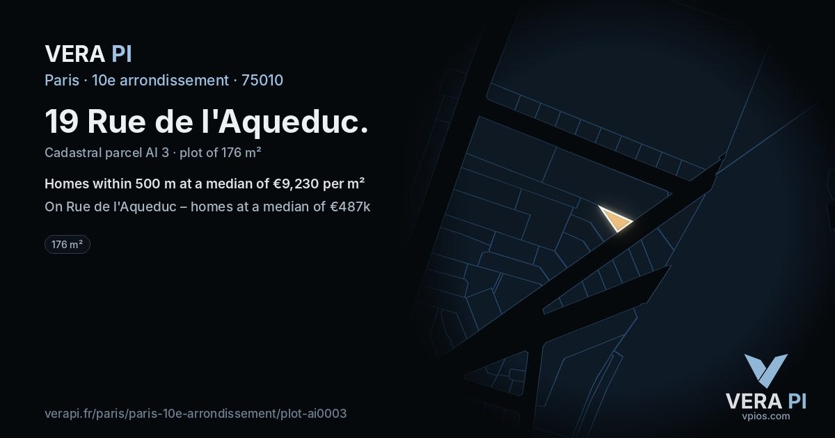 19 Rue de l'Aqueduc, 10e arrondissement at night – the plot lit, the parcels around coloured by the prices near them