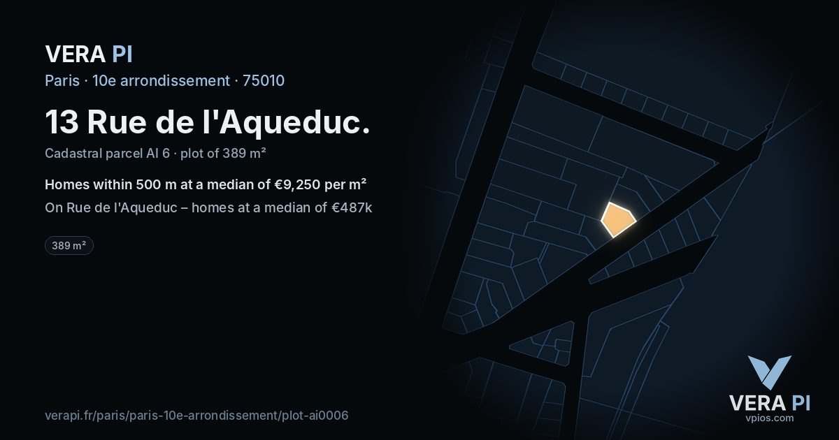 13 Rue de l'Aqueduc, 10e arrondissement at night – the plot lit, the parcels around coloured by the prices near them