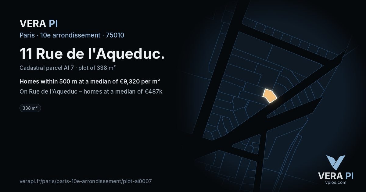 11 Rue de l'Aqueduc, 10e arrondissement at night – the plot lit, the parcels around coloured by the prices near them