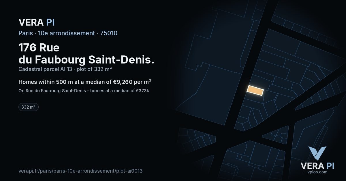 176 Rue du Faubourg Saint-Denis, 10e arrondissement at night – the plot lit, the parcels around coloured by the prices near them