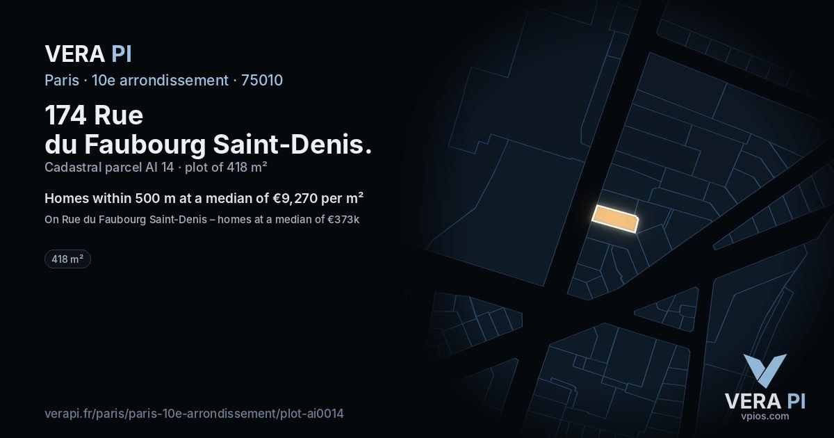 174 Rue du Faubourg Saint-Denis, 10e arrondissement at night – the plot lit, the parcels around coloured by the prices near them