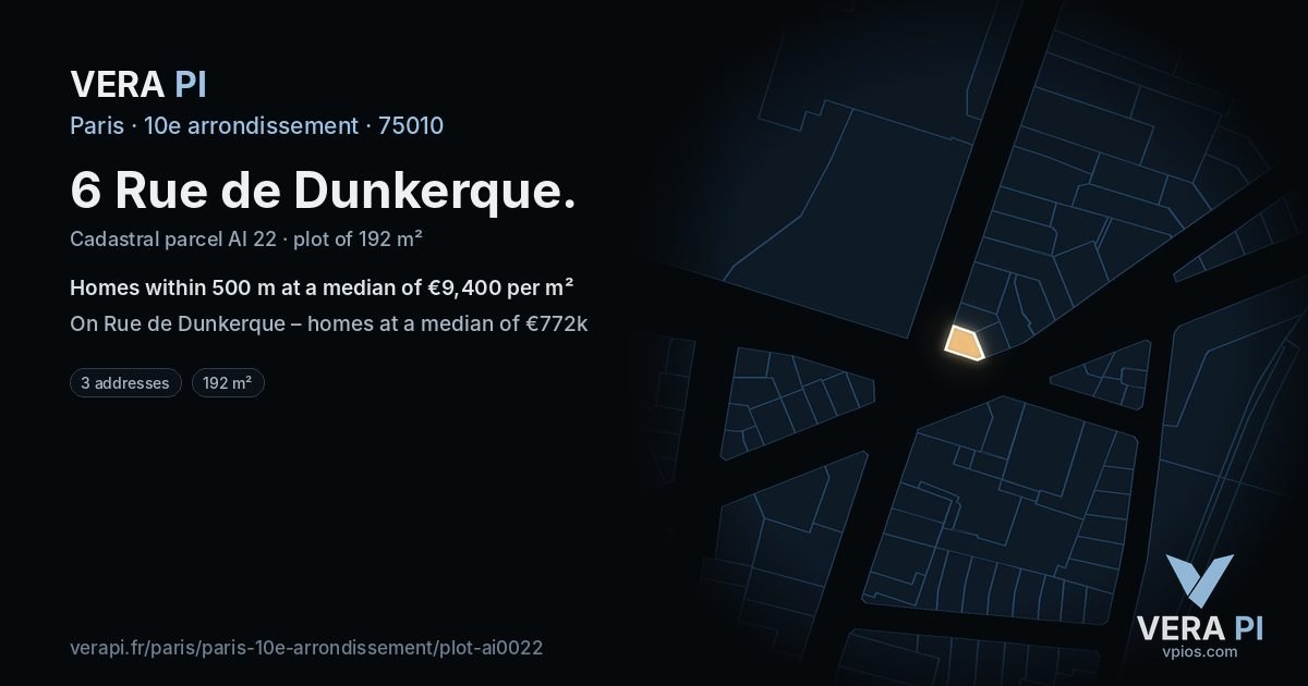 6 Rue de Dunkerque, 10e arrondissement at night – the plot lit, the parcels around coloured by the prices near them