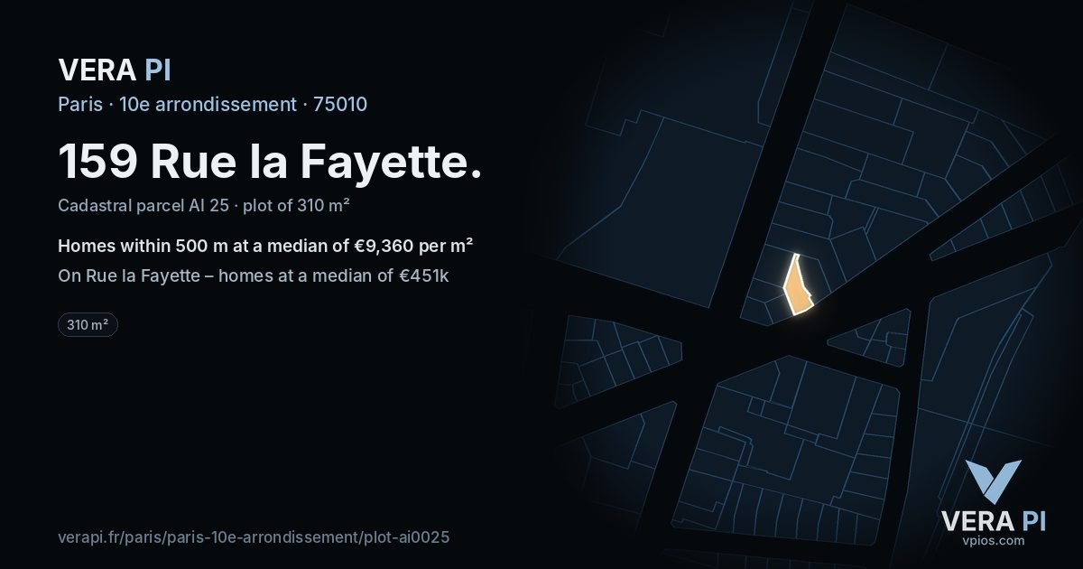 159 Rue la Fayette, 10e arrondissement at night – the plot lit, the parcels around coloured by the prices near them