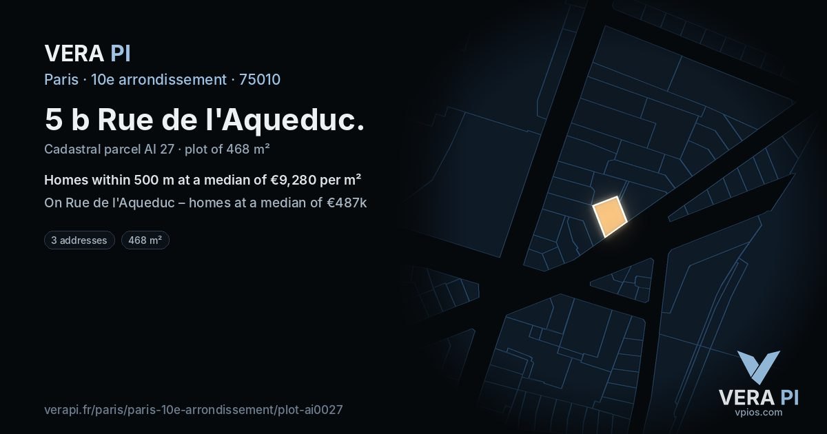 5 b Rue de l'Aqueduc, 10e arrondissement at night – the plot lit, the parcels around coloured by the prices near them